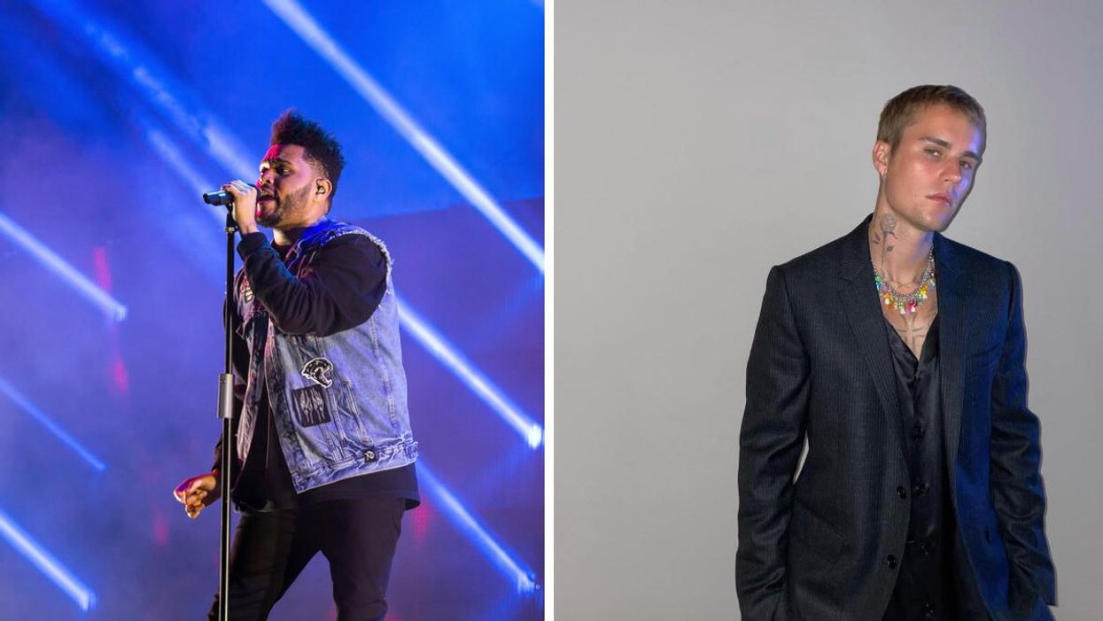 The Weeknd performing. Right: Justin Bieber.