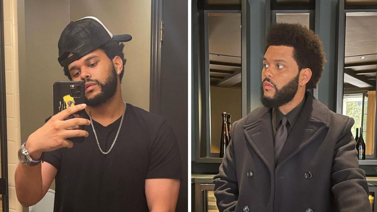The Weeknd taking a selfie. Right: The Weeknd looking to the side.