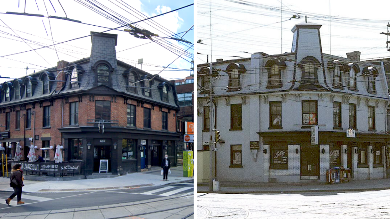 The Wheatsheaf Tavern in 2020 (left) and 1970 (right).
