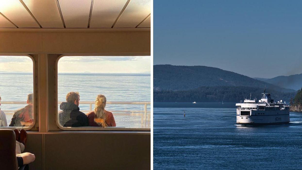 The window of a BC Ferries boat. Right: BC Ferries boat sailing.