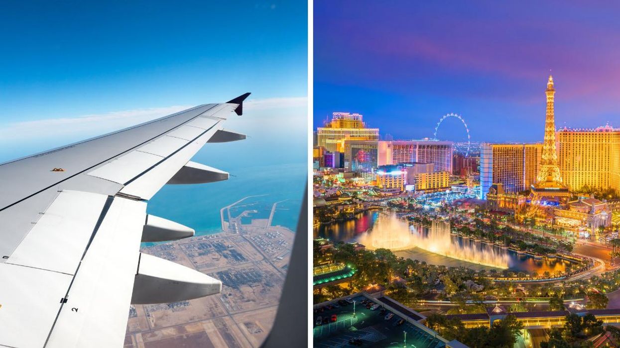The wing of a plane. Right: An aerial view of the Las Vegas strip.