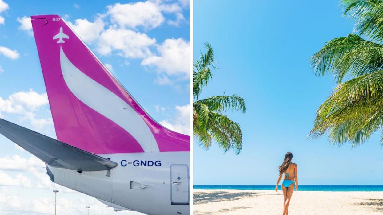 The wing of a Swoop Airlines plane. Right: A woman walks on a beach in the Caribbean.
