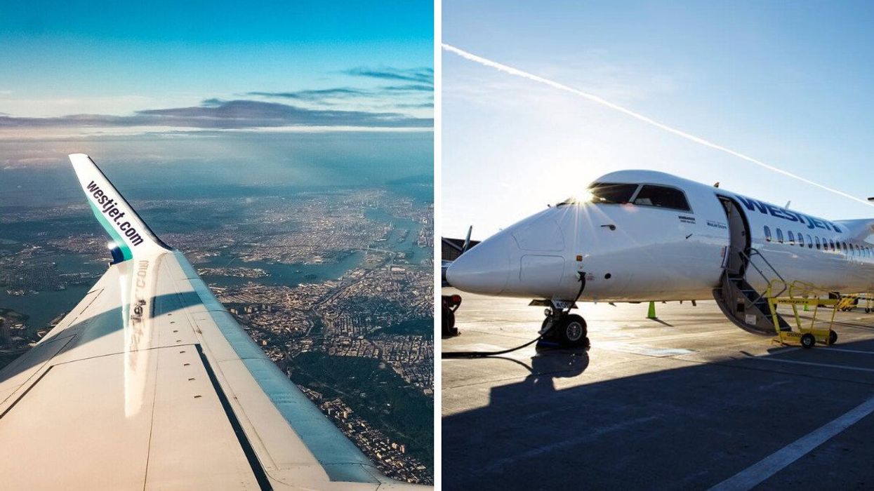 The wing of a WestJet plane. Right: A WestJet Encore plane.