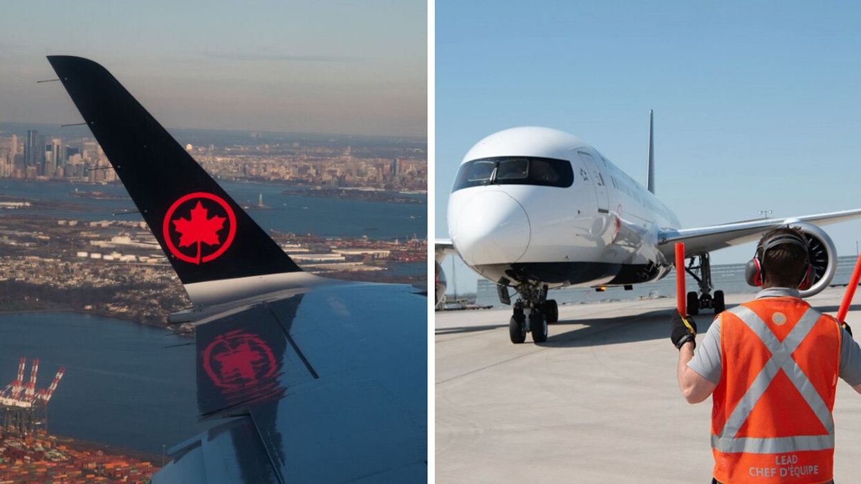 The wing of an Air Canada plane. Right: A ramp agent guides a plane.