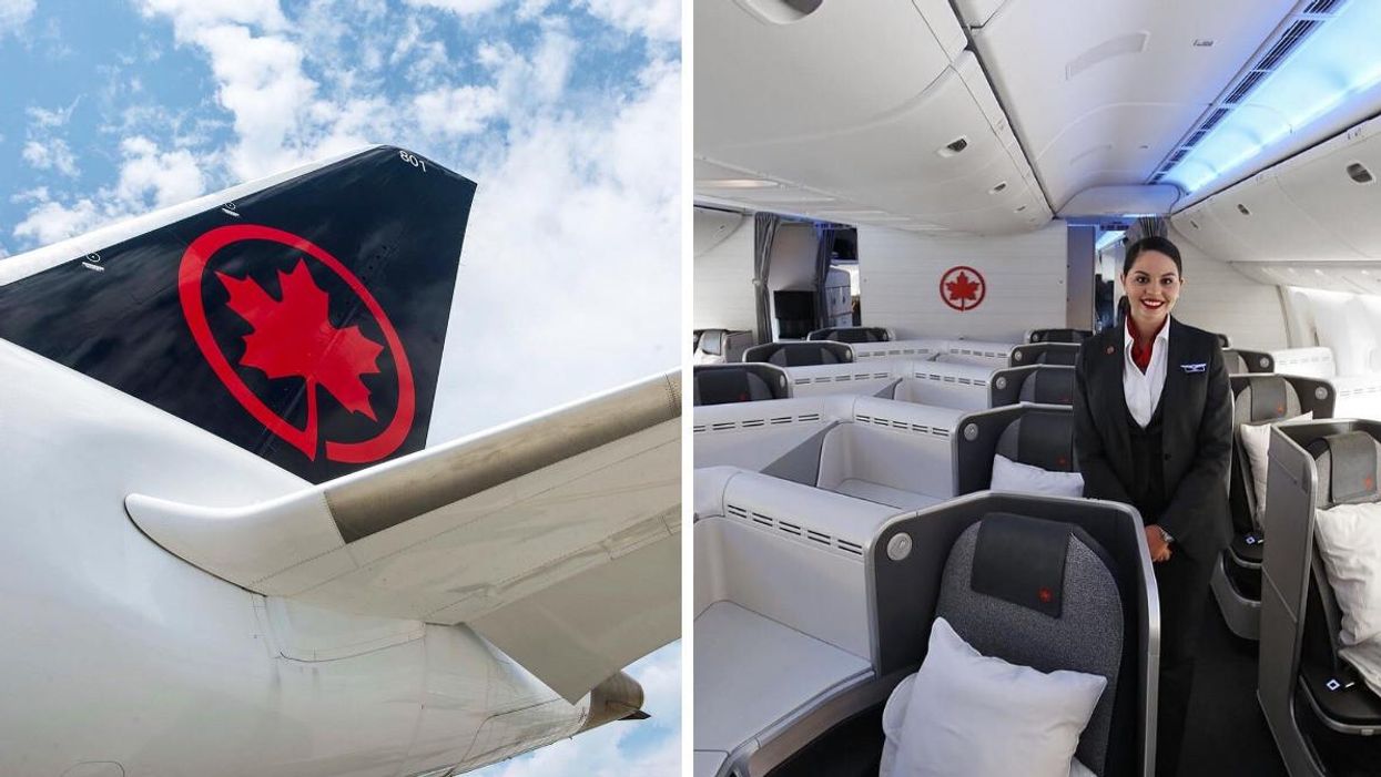 The wing of an Air Canada plane. Right: An Air Canada employee in a plane cabin.