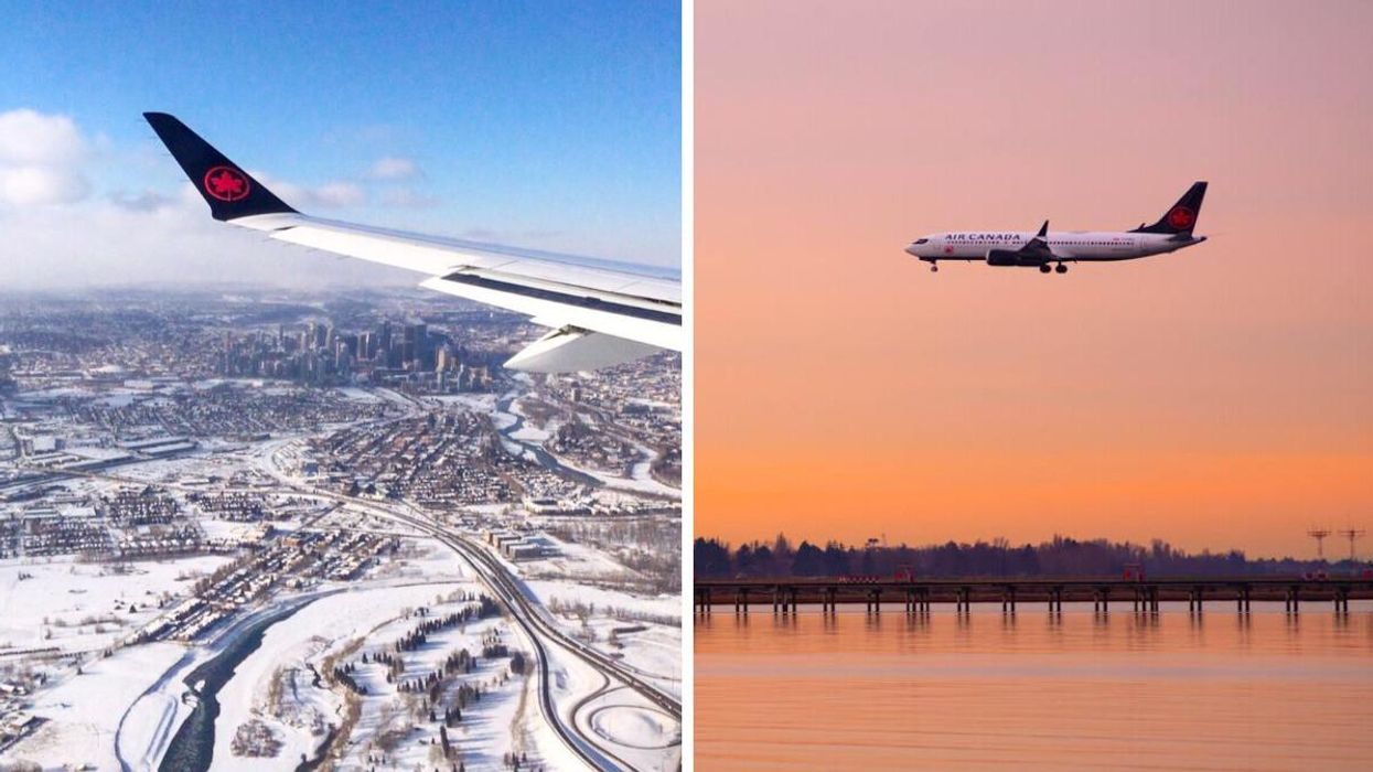 The wing of an Air Canada plane. Right: An Air Canada plane seen in the air.