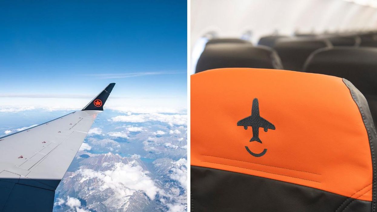 The wing of an Air Canada plane. Right: The seat of a Canada Jetlines' plane.