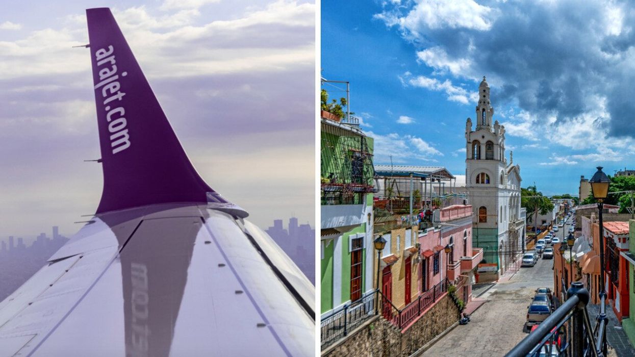 The wing of an Arajet plane. Right: A street in Santo Domingo, Dominican Republic.
