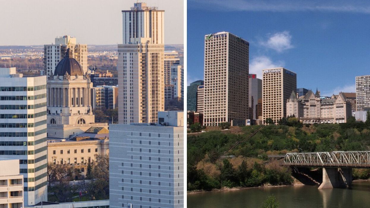 The Winnipeg skyline. Right: Downtown Edmonton.
