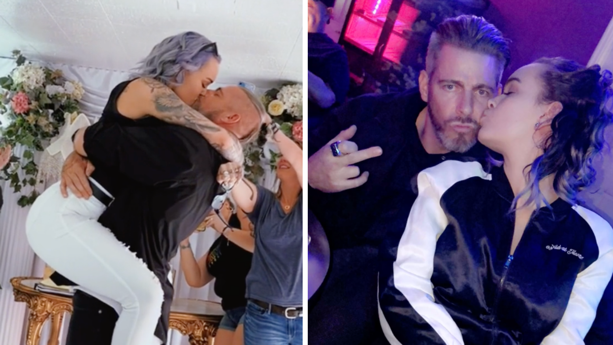 The woman and her husband getting married in Las Vegas. Right: The woman and her husband she pranked the Internet with.