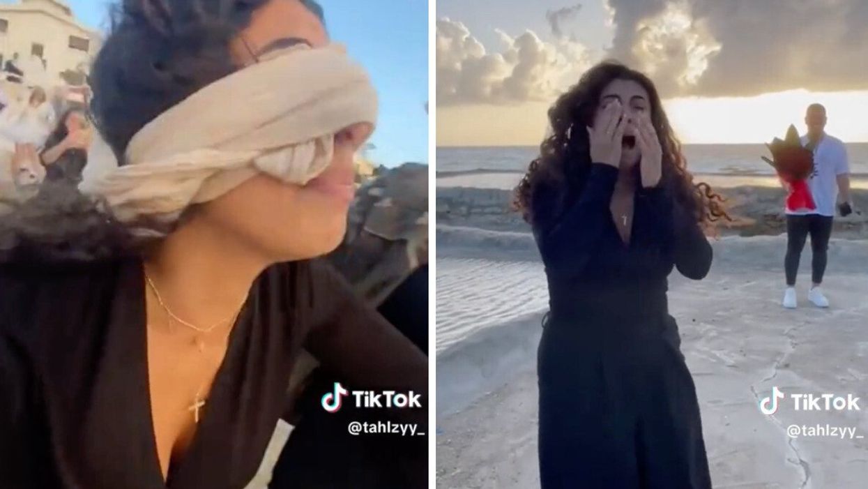 The woman being led to the proposal site. Right: The woman realizing she's not being kidnapped but proposed to instead.