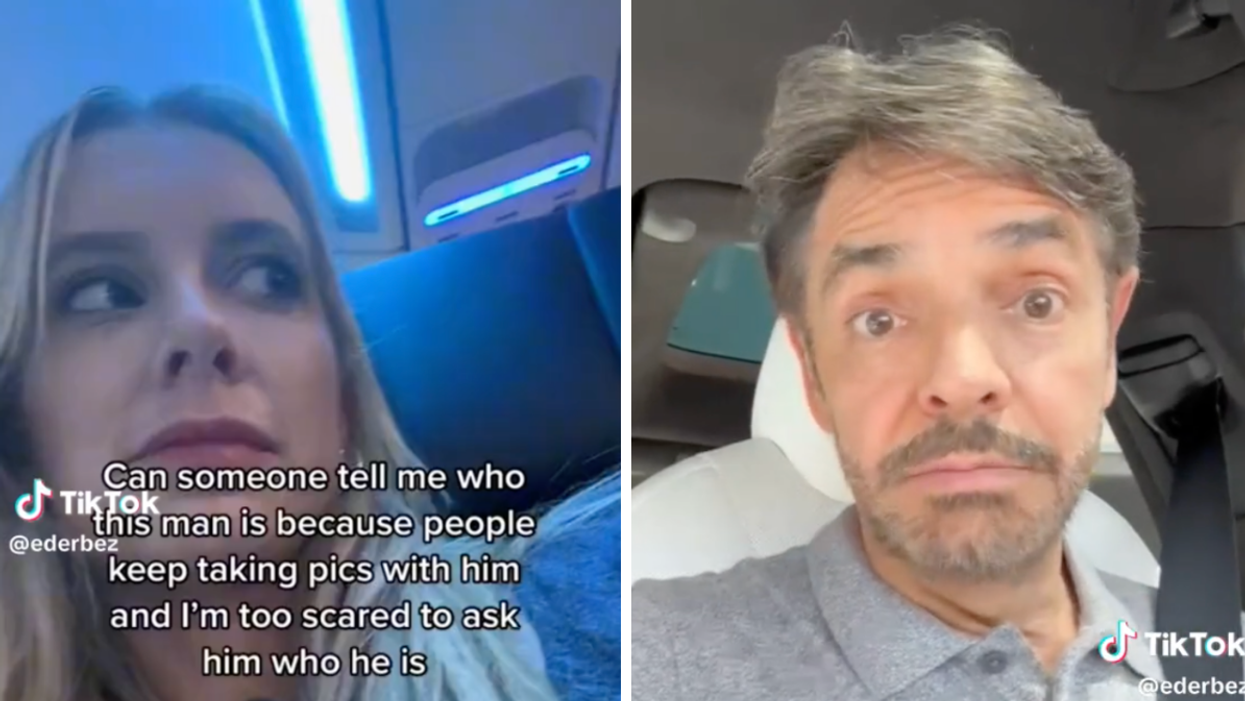 The woman on the plane next to a celebrity. Right: The celebrity, Eugenio Derbez, responding.
