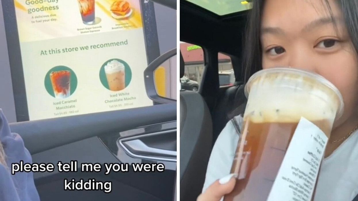 The woman ordering the $20 Starbucks drink at the drive-thru. Right: The content creator trying her $20 drink from Starbucks.