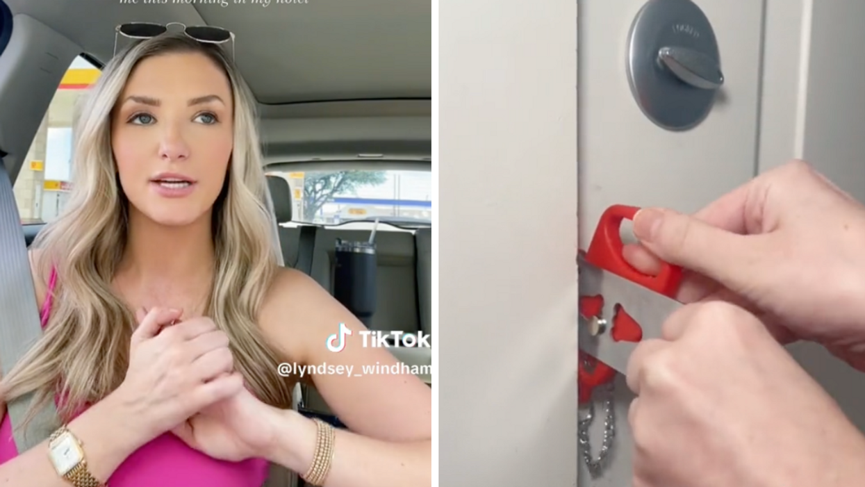 The woman sharing her story on TikTok. Right: A safety tool to deadbolt your door.