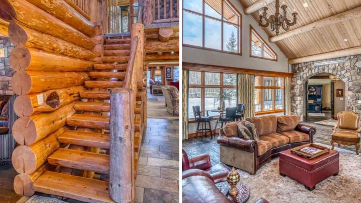 The wooden staircase in the cabin. Right: The large living room with windows looking out to the forest.