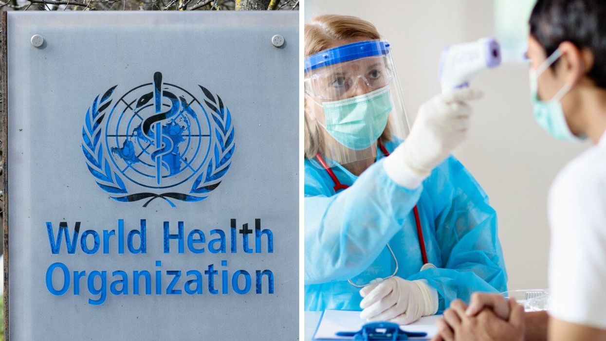 The World Health Organization in Geneva, Switzerland. Right: A doctor examining a patient for COVID-19.