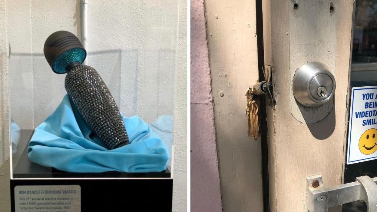 The "World's Most Extravagant Vibrator" displayed at the Sexology Institute in San Antonio. TX. Right: The door after the vibrator was stolen.