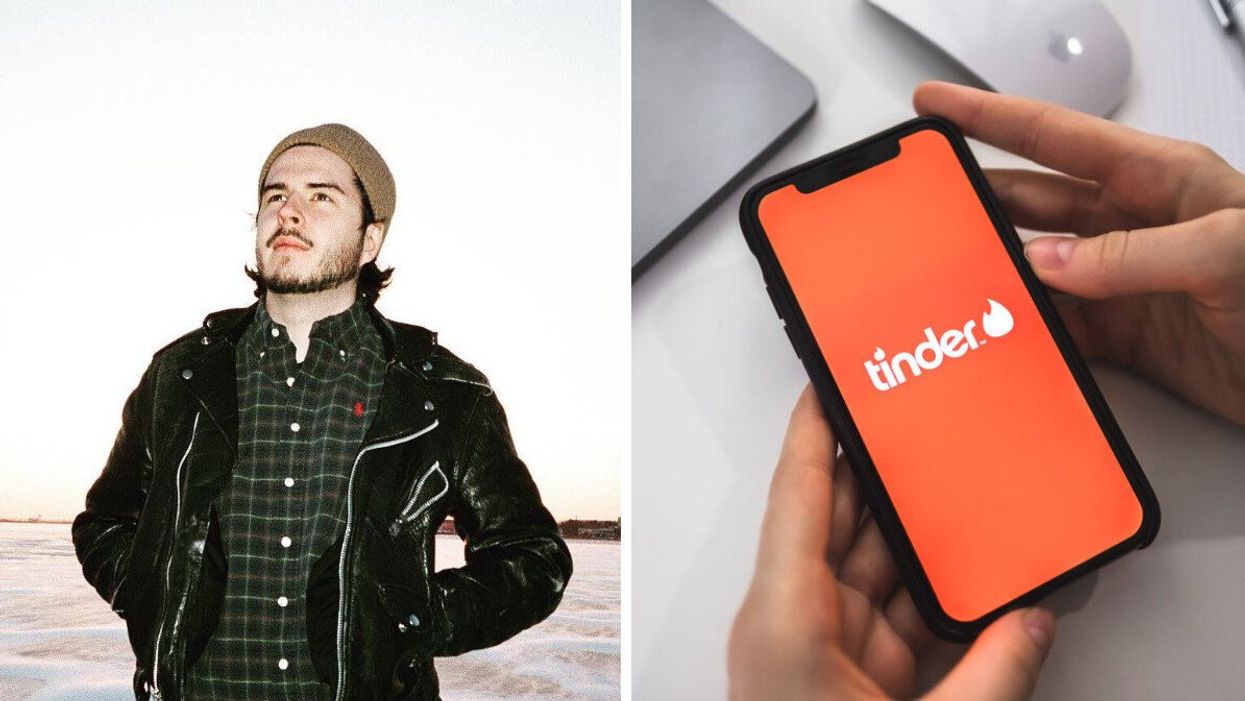 The writer, Patrick. Right: Tinder on a smart phone.