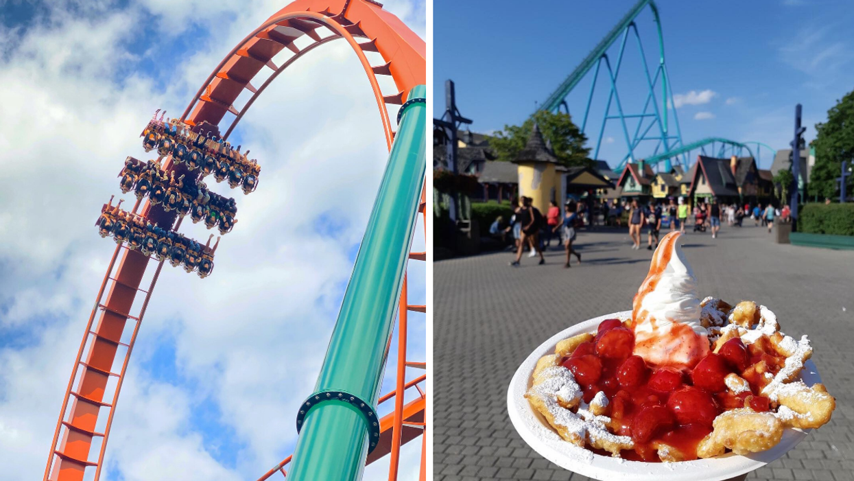 The Yukon Striker at Canada's Wonderland. Right: Funnel cake.