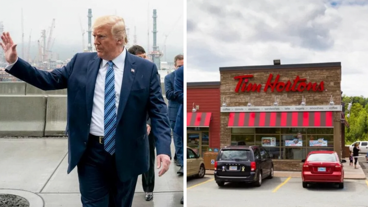 Then-U.S. President Donald Trump in 2020. Right: A Tim Hortons in Ontario.