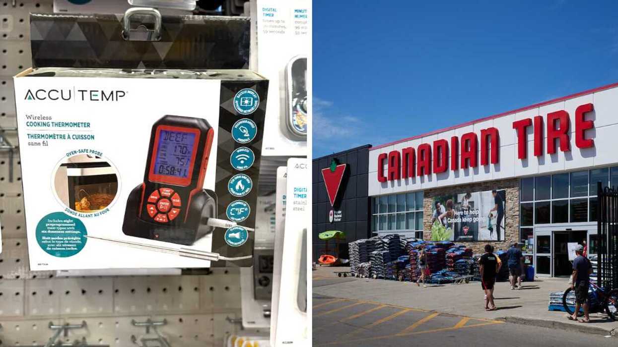 Thermomètre à cuisson sans fil sur les étagères du Canadian Tire. Droite : Devanture du Canadian Tire.