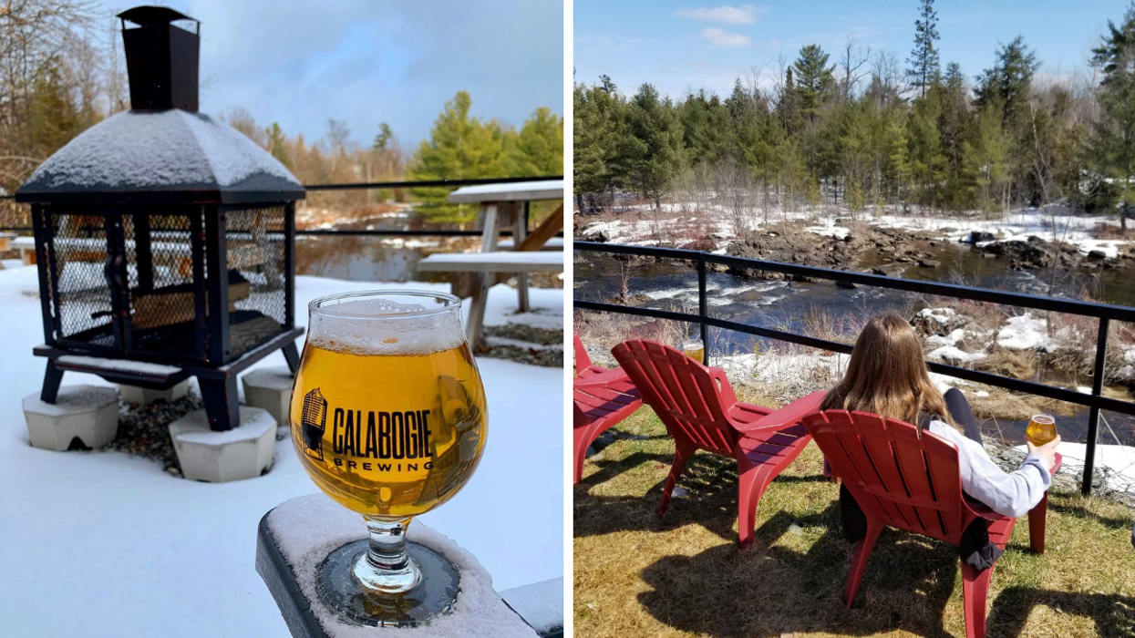 This Heated Patio Near Ottawa Has Cozy Firepits & Is Next To A River With Snowy Trees