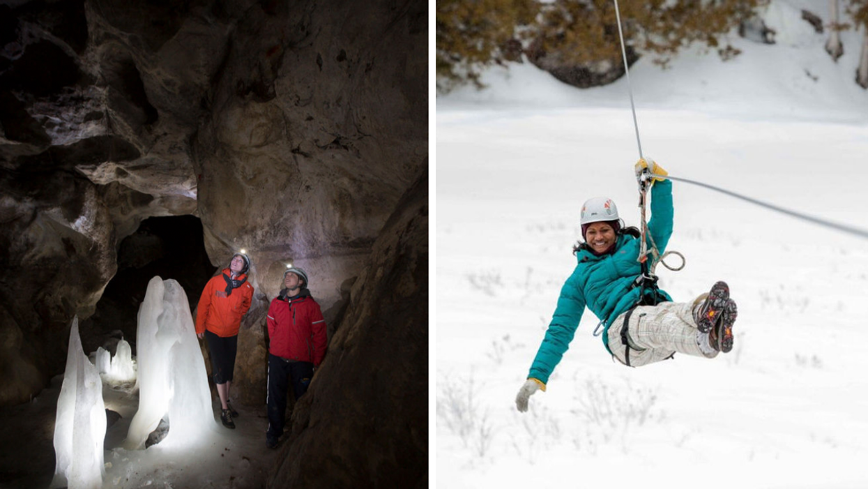This Winter Adventure Near Ottawa Lets You Explore An Icy Cave & Zip Line Over Snowy Trees