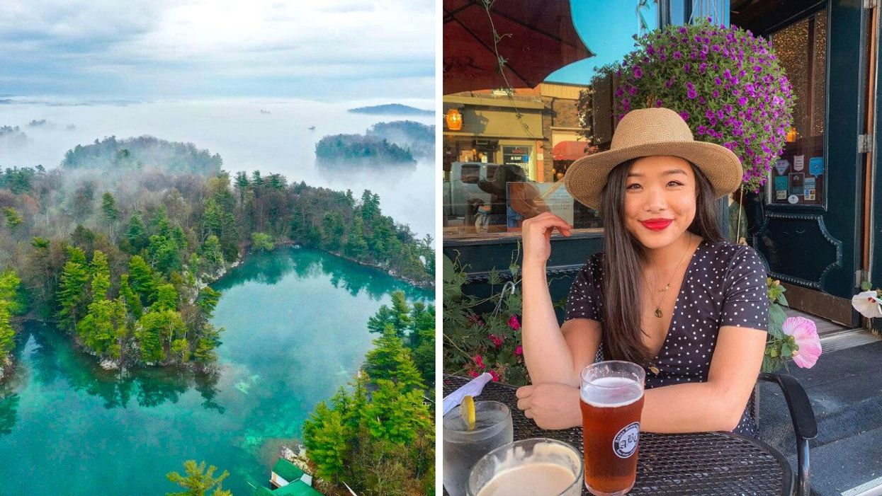 Thousand Islands in Ontario. Right: A person sitting on a patio with a drink.