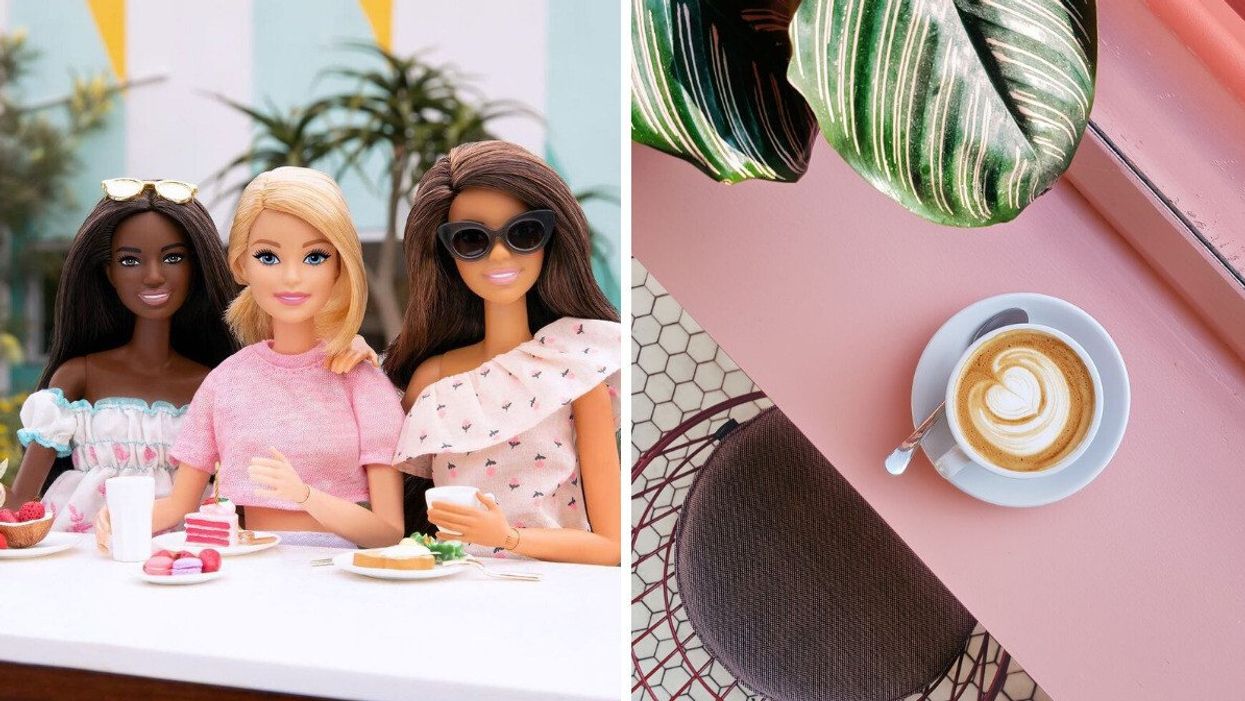 Three Barbie dolls. Right: A latte on top of a pink table.