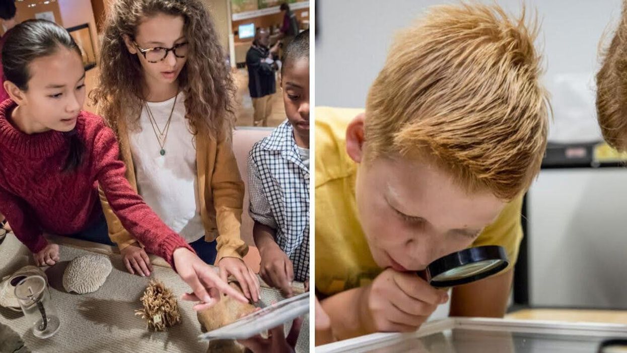 Three children interact with an exhibit at ROM. Right: A child investigates an exhibit with a magnifying glass.