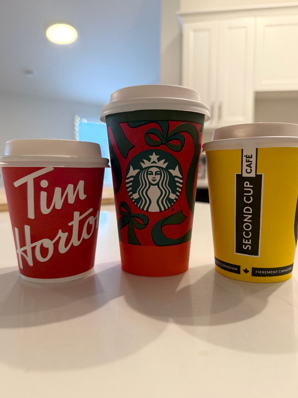 Three coffee cups side-by-side.