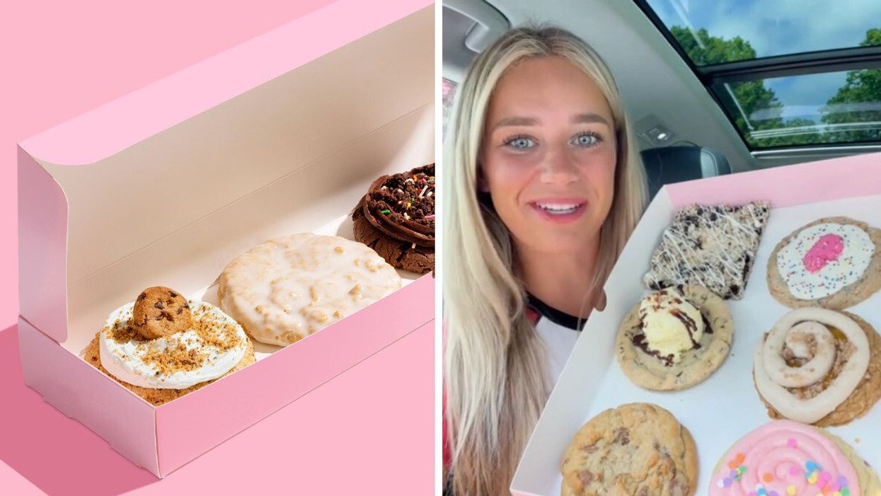 Three cookies in a pink box with a pink background. Right: A woman holding up a pink box of six different types of cookies.