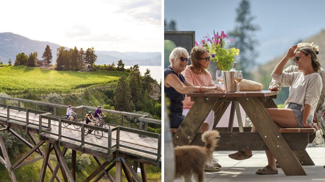 Three cyclists on a trestle bridge running alongside a lake. Right: Four people laughing around a picnic table drinking wine.