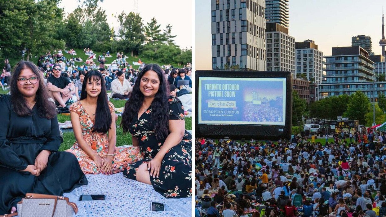 Three friends at the Toronto Picture Outdoor Show in Corktown Common, Toronto. Right: A large crowd prepares to watch a movie with CN Tower in the background.