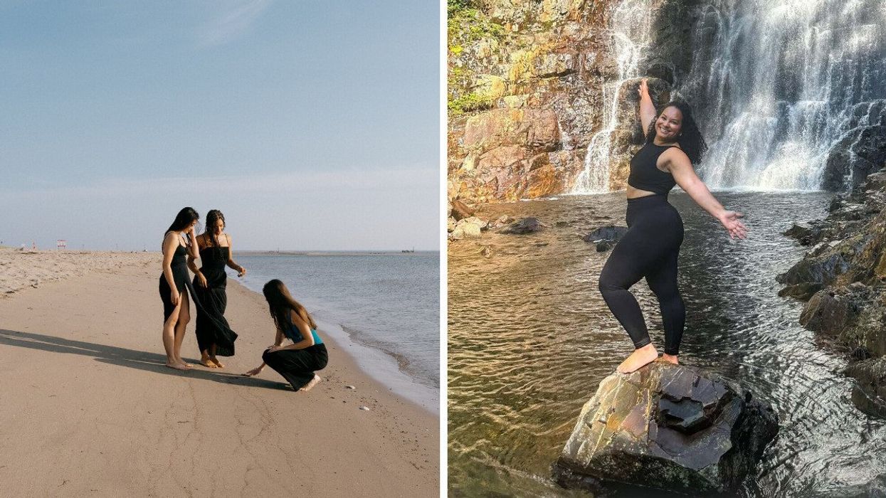 Three friends on a New Brunswick beach. Right: A woman poses in front of a waterfall.
