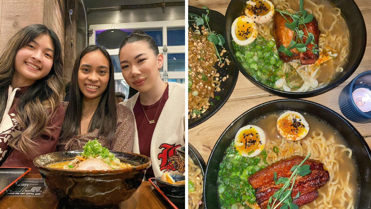 Three friends pose with a heaped bowl of ramen from Ramen Isshin. Right: Two steaming ramen bowls.