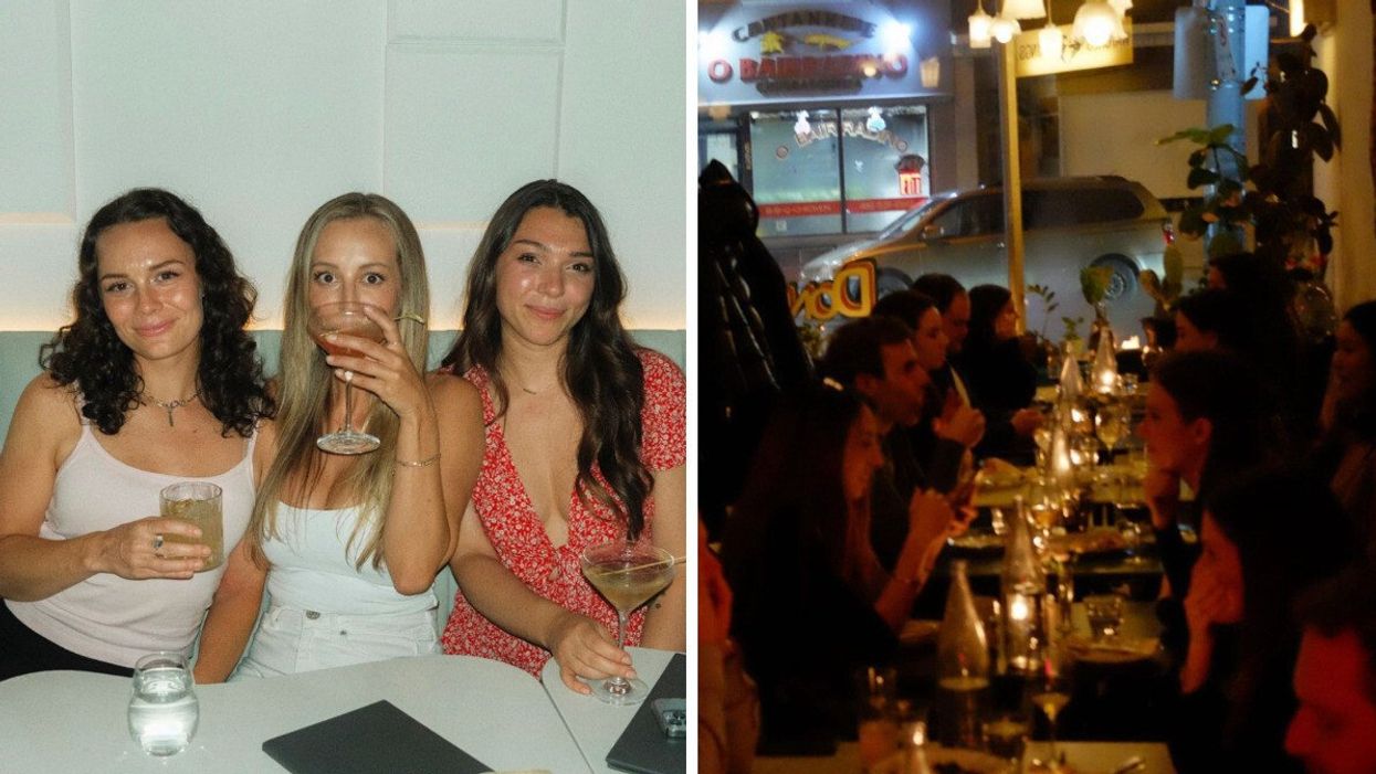 Three girlfriends sipping cocktails at a Toronto Restaurant. Right: A restaurant with patrons enjoying a lightly-dimmed restaurant in Toronto.