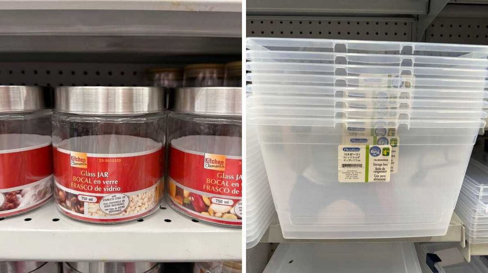 Three glass jars with silver lids on a store shelf. Right: A stack of plastic bins on a store shelf.