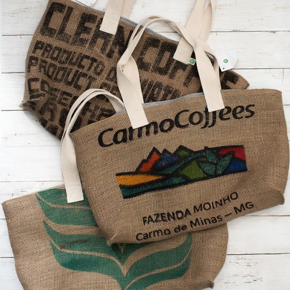 Three market totes by Ardent Earth made from upcycled jute coffee sacks.