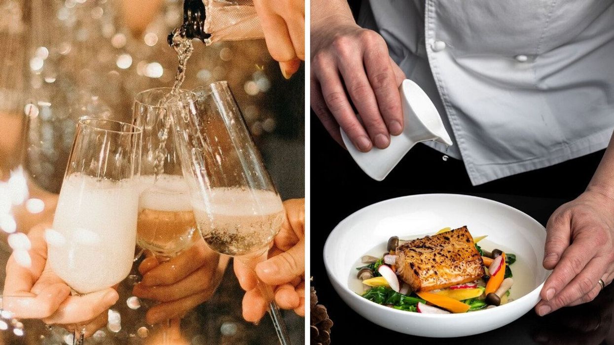 Three people clinking their champagne flutes. Right: A chef pouring sauce over a salmon dish.