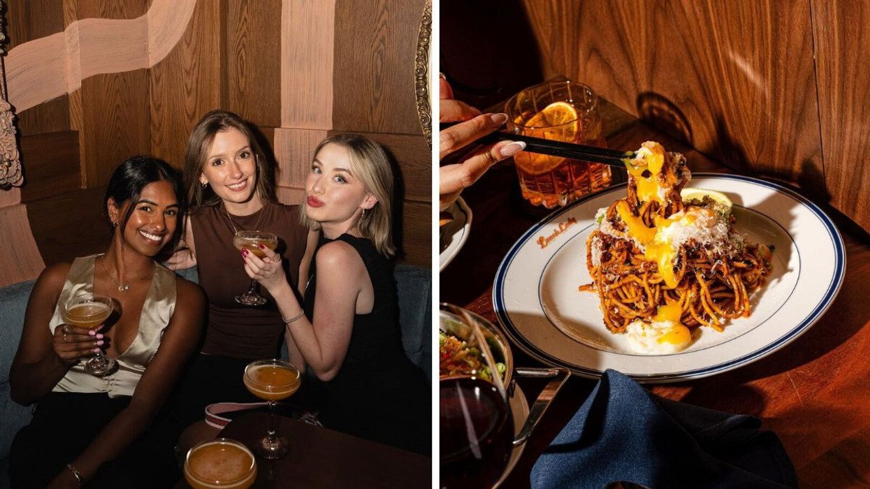 Three people enjoying drinks at Vinny, Toronto. Right: Food from The Lunch Lady, Toronto.