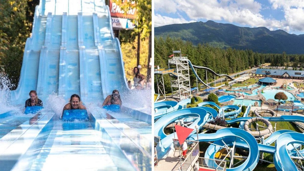 Three people going down waterslides. Right: Waterslides in a waterpark with mountains in the distance.