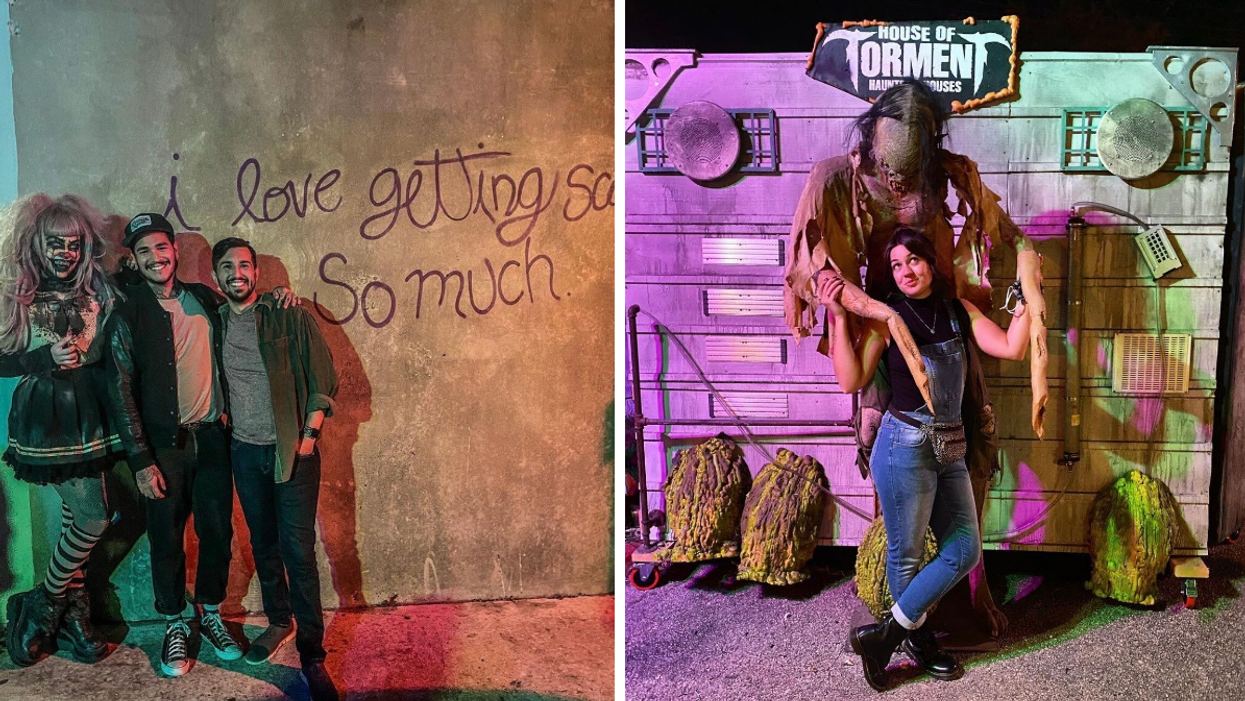 Three people in front of a "i love getting scared so much" sign. Right: A woman posing with a monster.