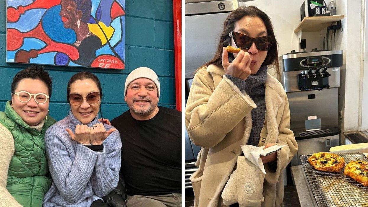 Three people smiling for a photo. Right: A woman in sunglasses trying a pastry and holding it up.
