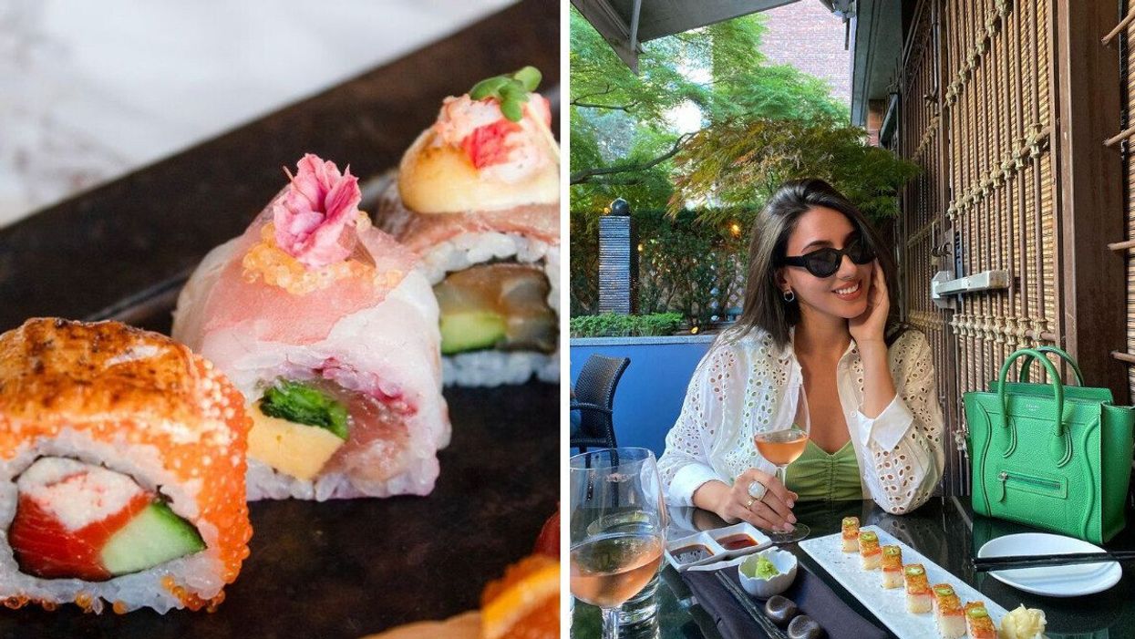 Three pieces of multi-coloured sushi on a plate. Right: A woman sitting at a restaurant holding a glass of rosé wine with a plate of sushi in front of her.