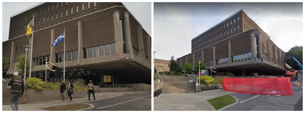 Three Pines. Droite : Facult\u00e9 de droit de l'Universit\u00e9 de Montr\u00e9al.