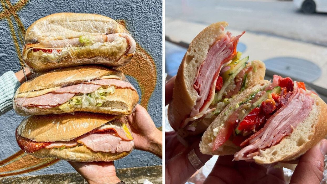 Three plastic-wrapped sandwiches. Right: A sandwich cut in half.