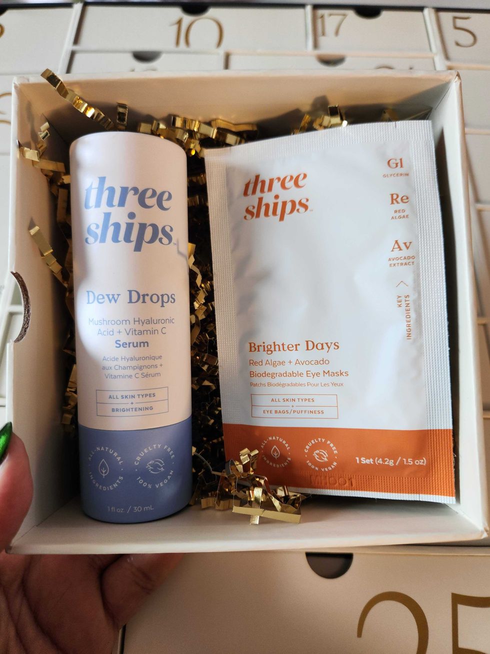 Three Ship Dew Drops Mushroom Hyaluronic Acid + Vitamin C Serum and Three Ship Brighter Days Red Algae.