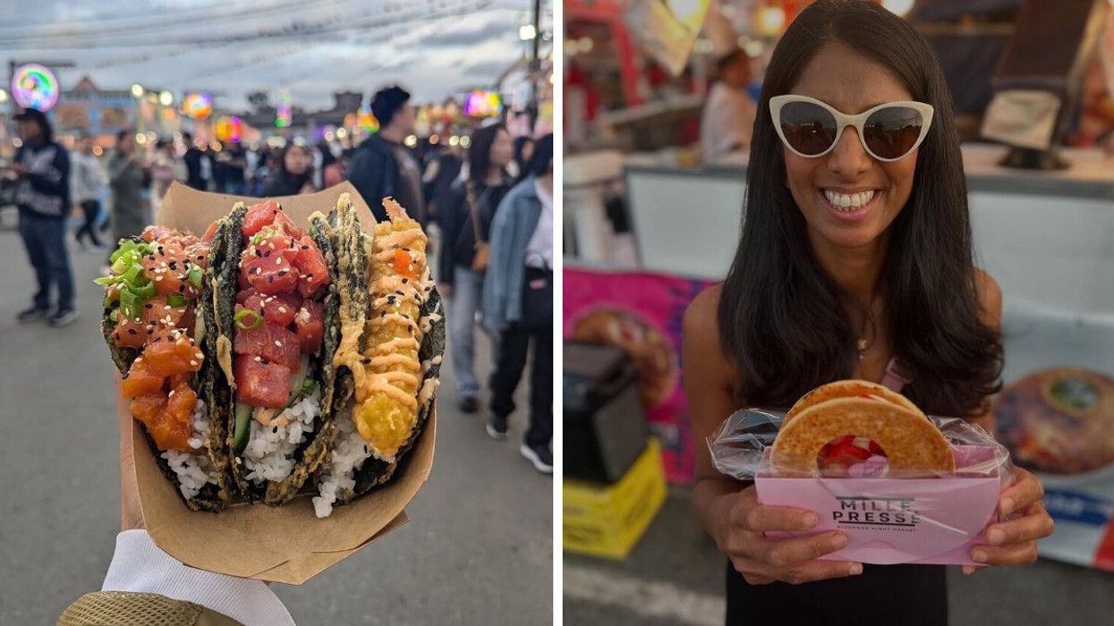 Three sushi tacos in a container. Right: A guest wearing white sunglasses holding a mille pressé pastry.