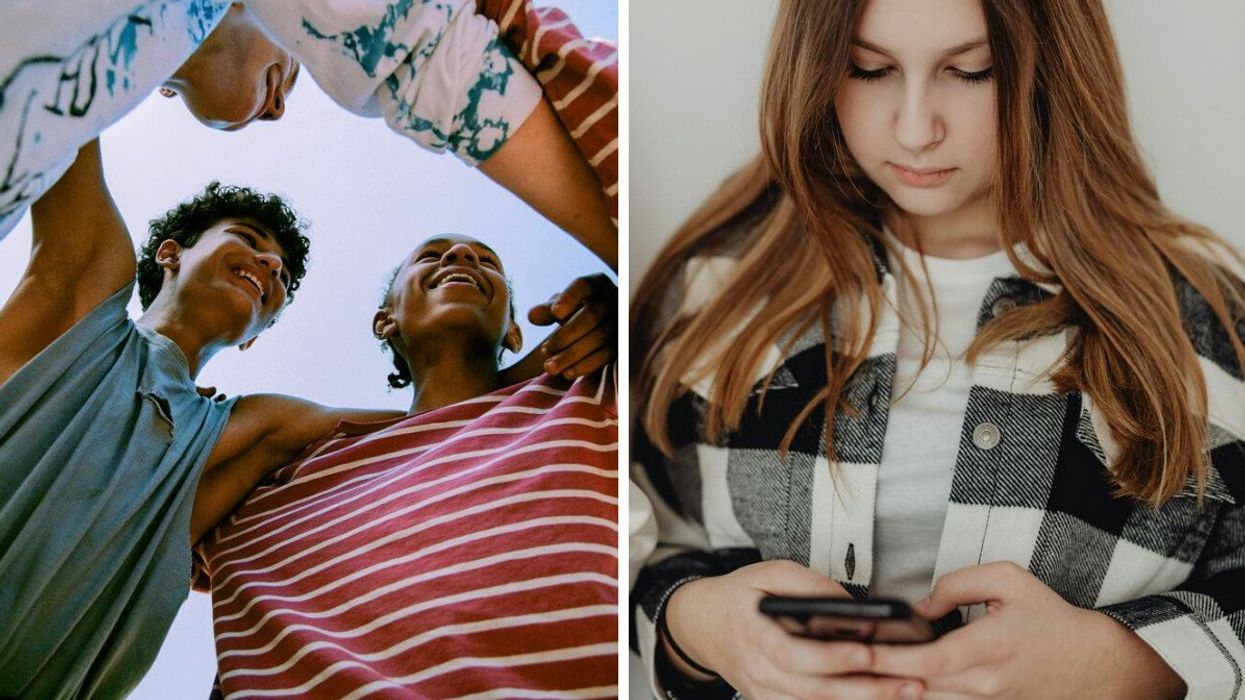 Three teens embracing, seen from inside the huge. Right: A teen using their phone.